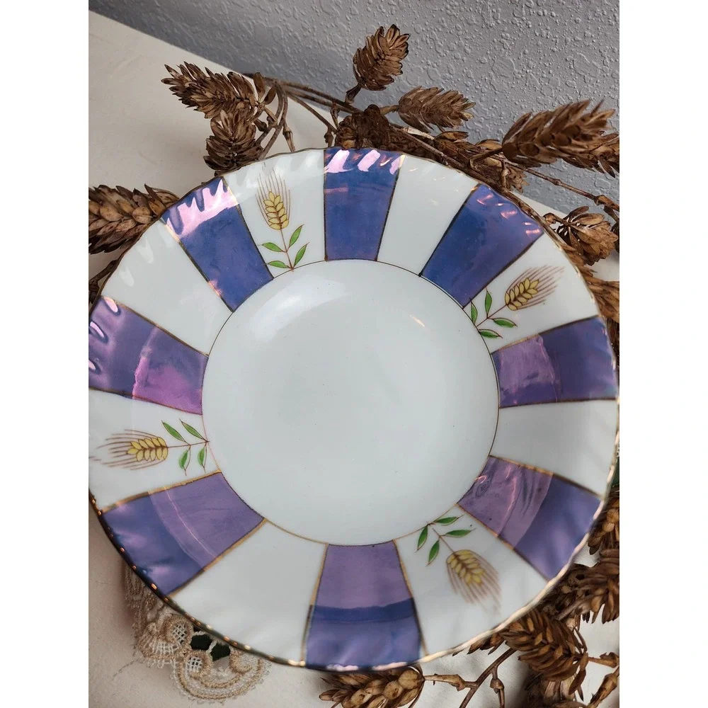 Vintage Enesco Blue & White Stripe Bowl Wheat Iridescent Colorblock Fall Harvest - Picture 5 of 5